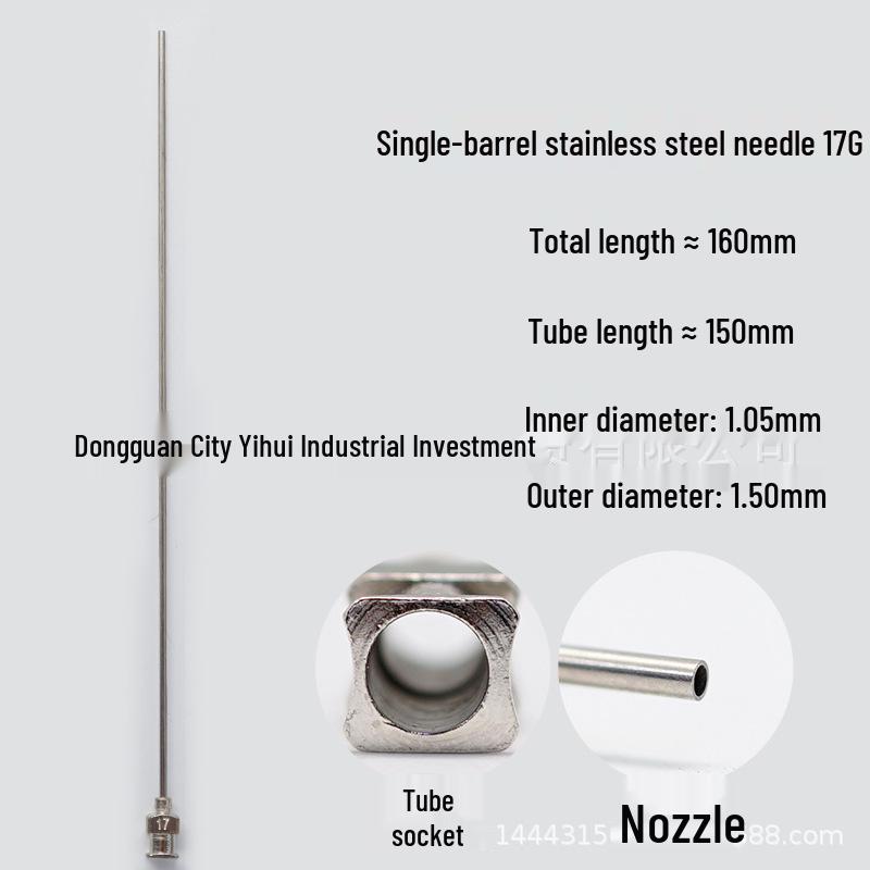 Stainless Steel Dispensing Syringe: 160mm Total Length, 150mm Tube, Pointed Tip, Flat Opening