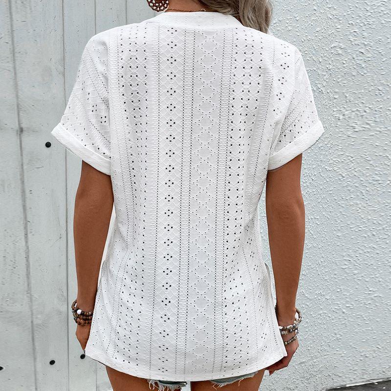 Summer Women T Shirt Casual Ladies Tops V Neck Jacquard Short Sleeve Women's T-shirt Tops