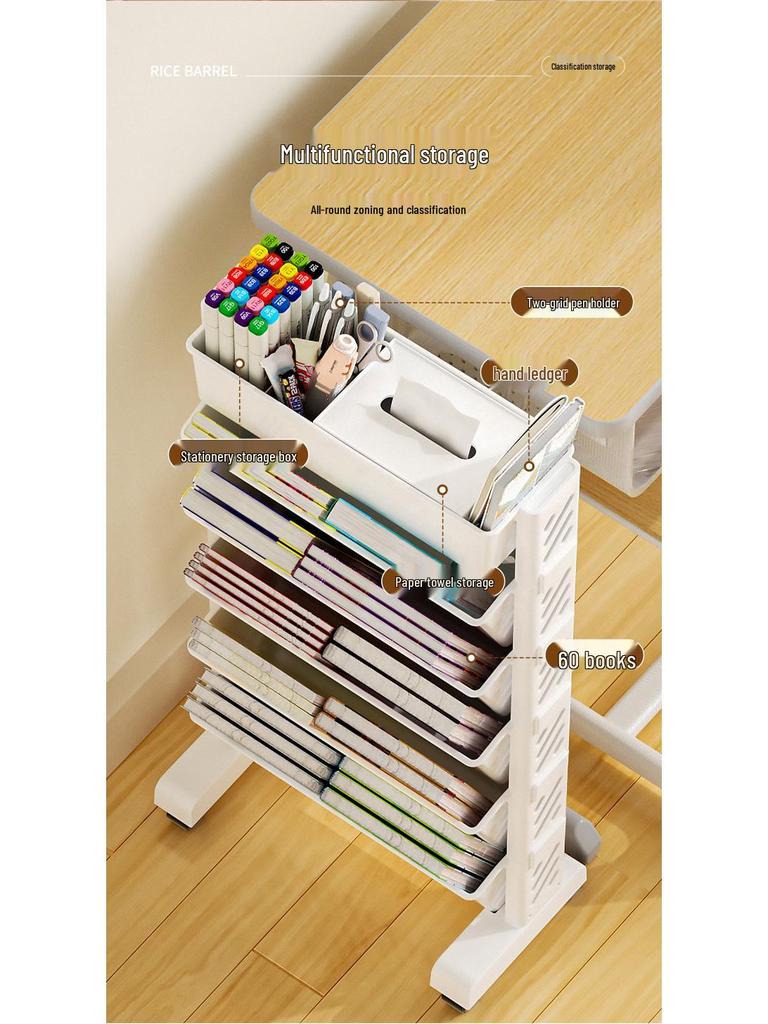 Wall-Mounted Bookshelf & Desk Organizer with Movable Table and Trolley