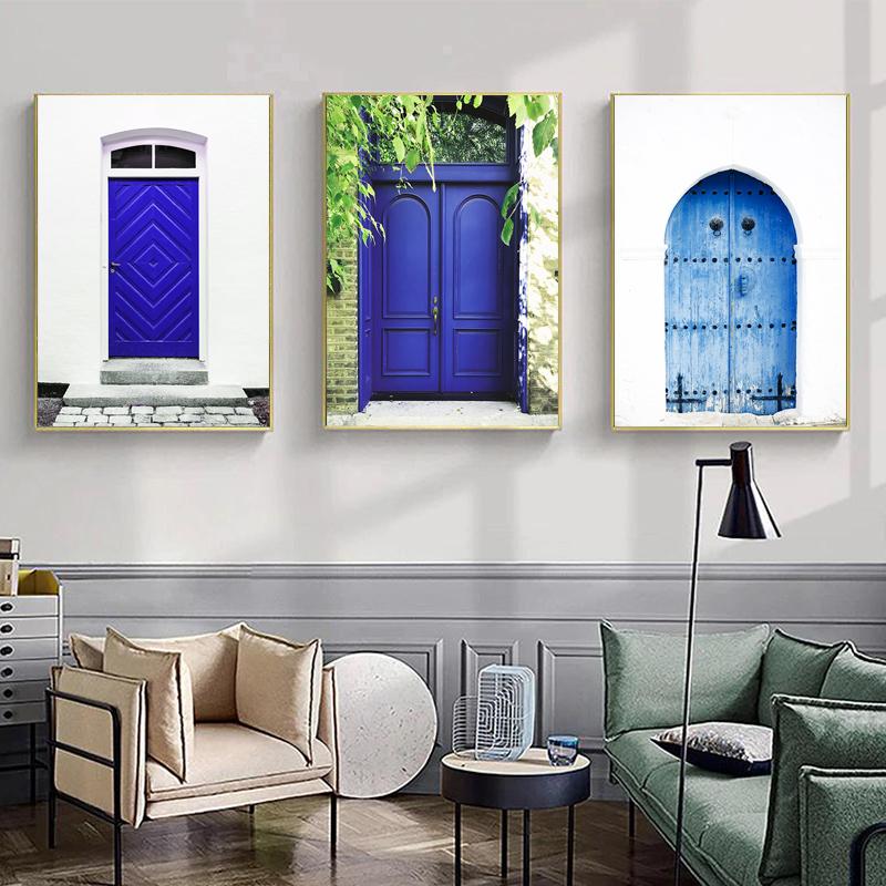 Blue Doors Mediterranean Wall Art Window Posters and Prints Nordic Architecture Wall Pictures for Living Room Decor