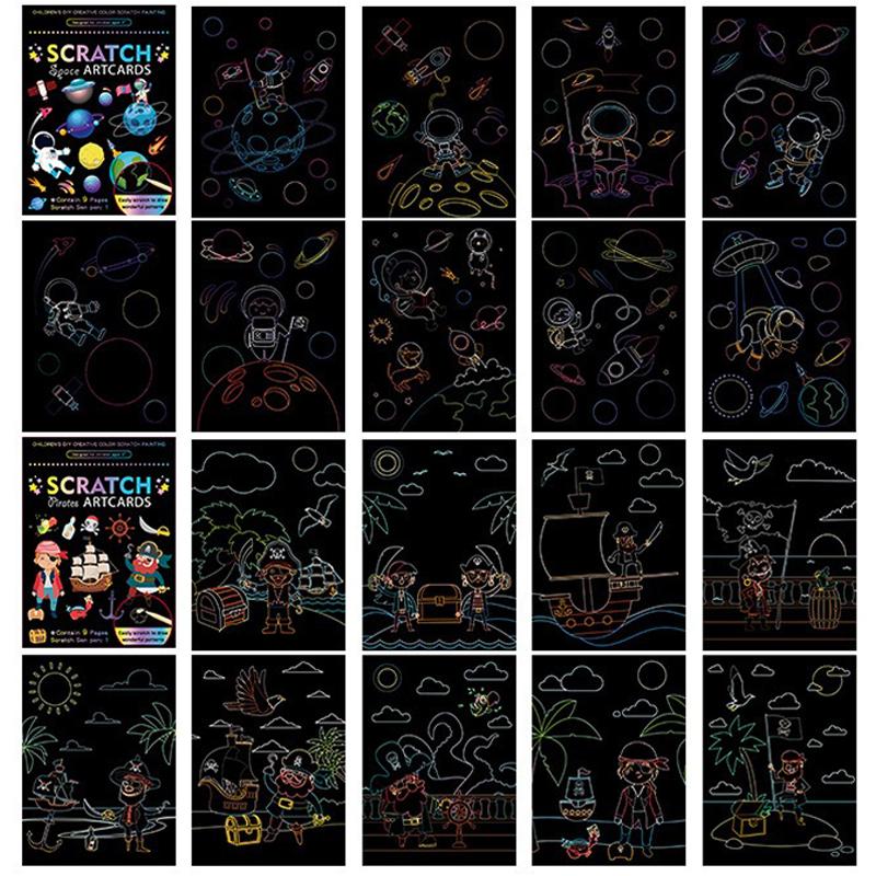 18 PCS Scratch Painting Papers Magic Rainbow Colored Drawing Set Space Animal Ocean Pirate Bamboo Stick Gifts for Boys Girls ZYF