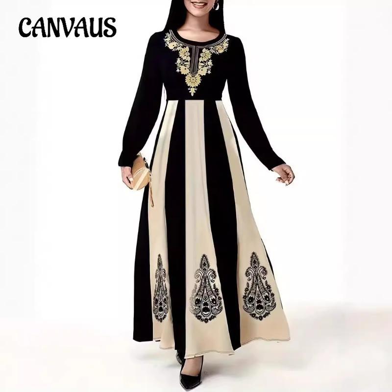 Autumn and Winter Dress Round Neck Long Sleeve Printed A-line Waisted Large Swing Dress Large Size Temperament Women Long