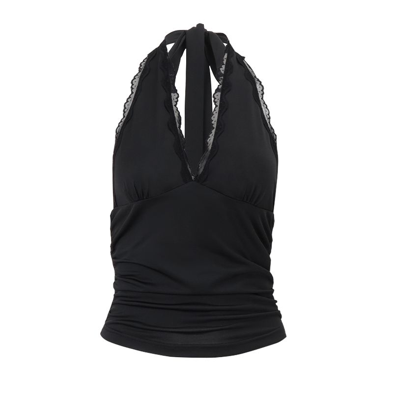 

Fashion Style Sexy Lace Lace V-neck Lace-up Halter Spaghetti Straps Vest Female Sexy Silm Backless Short Tops Black S