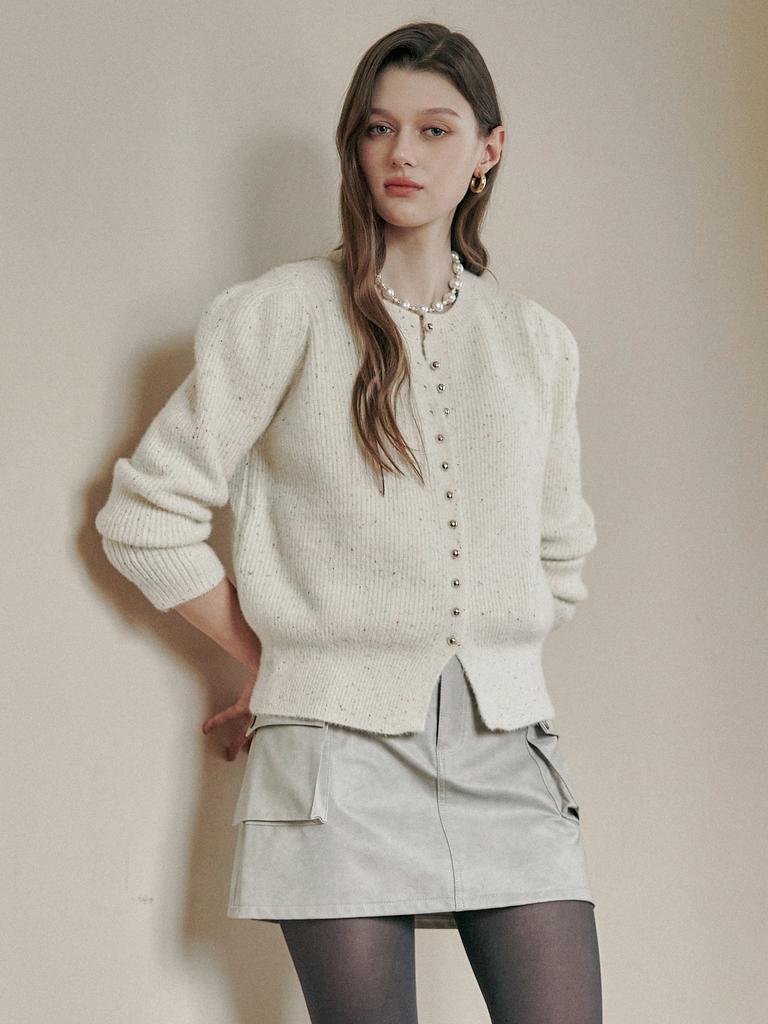 Maxza Sprinkle Button Round Neck Puff Cardigan