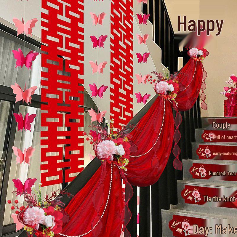 Wedding Staircase Handrail Decoration with Artificial Flowers and Pendants