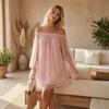 Dame Off Shoulder Minikjole, Langærmet Flæse Gennemsigtig Mesh Løs Kort Kjole, Afslappet Fest Udgang Klubtøj