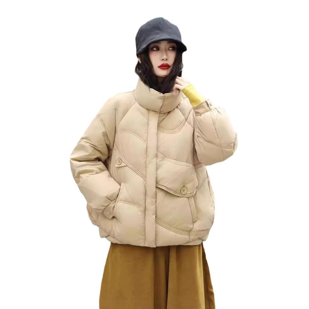 2024 Winter Women's Casual Retro Loose Stand Collar Patchwork White Duck Down Jacket