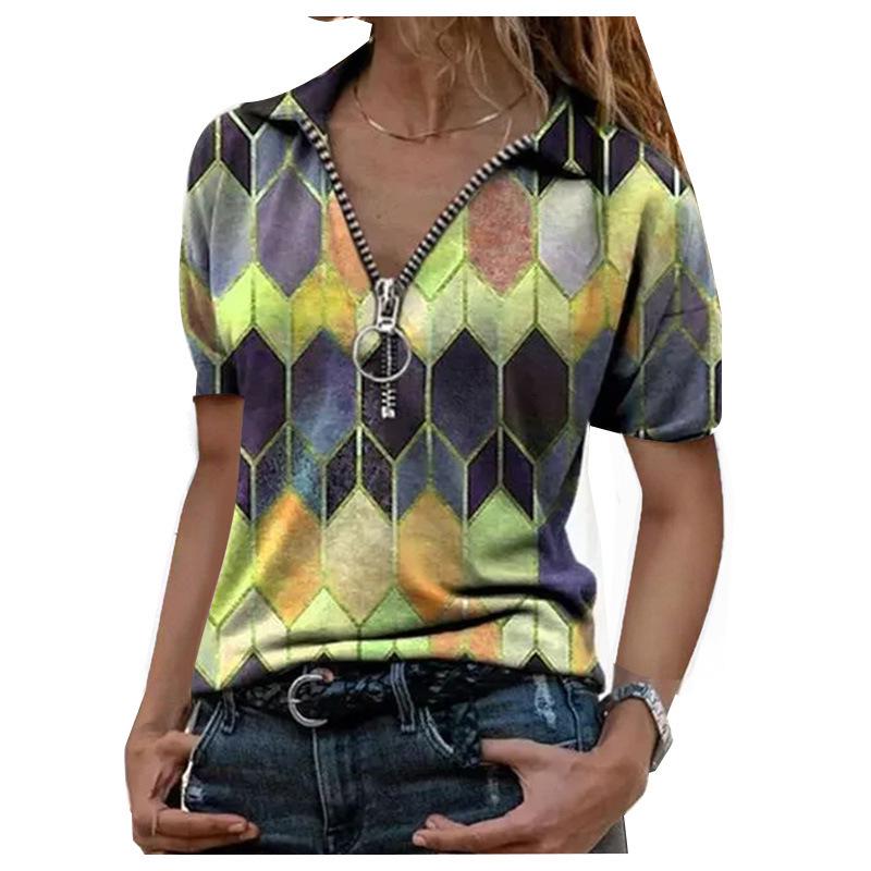 2024 Plus Size V-Neck Printed Zipper Lapel Short-Sleeve Women's Top