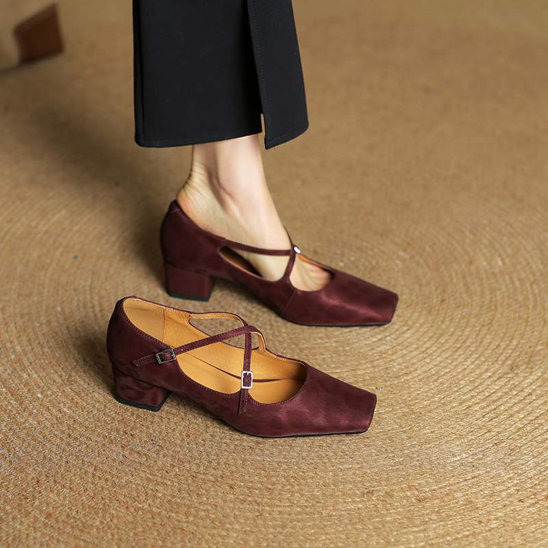 Krazing Pot Full Grain Leather Fashion Spring Autumn Med Heels Women Square Toe Buckle Straps Shoes Leopard Shallow Pumps