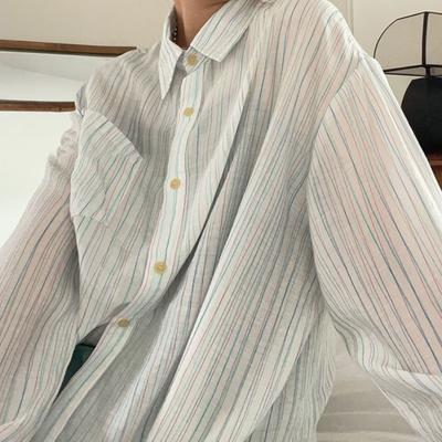 Women's Sunscreen Shirt Coat Summer White Striped Thin Loose Chiffon Long Sleeve Shirt Top
