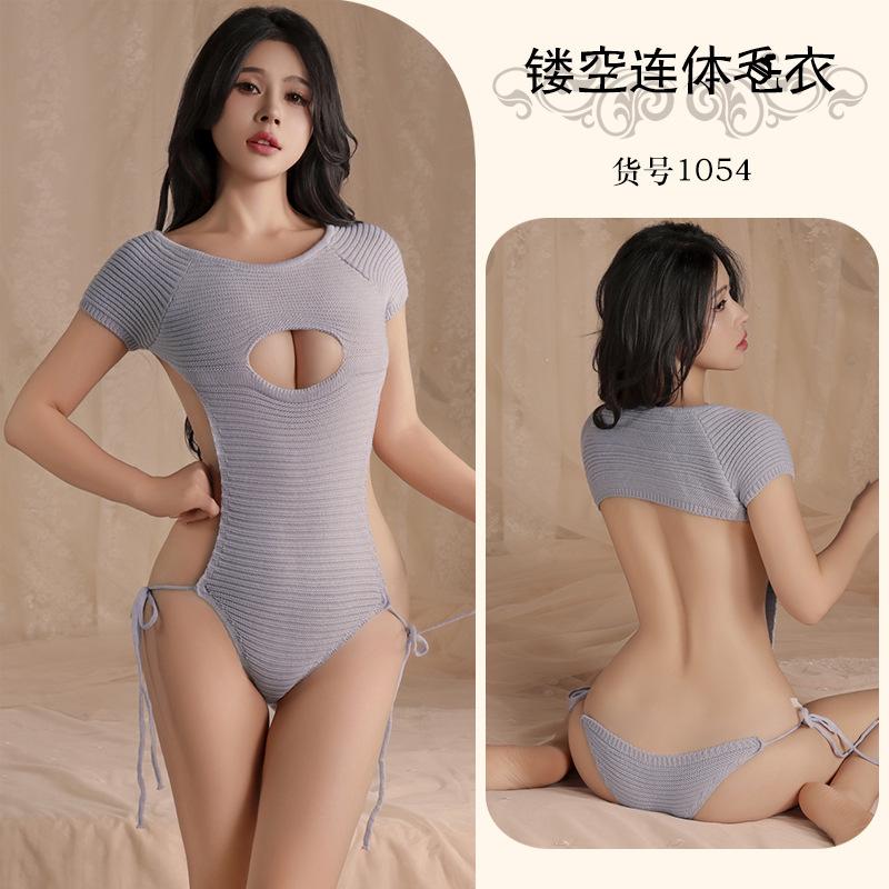 Night Fun Sexy Underwear Hollow Breast Deep V High Neck Knitted One-Piece Sweater Backless Open Chest Temptation Short Skirt