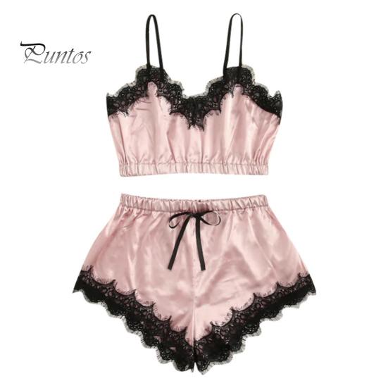 Dámský dvoudílný pyžamový set Krajkový lem Výstřih do V Cami Crop Top Šortky s elastickým pasem Ležérní bez rukávů Noční oblečení Lounge set