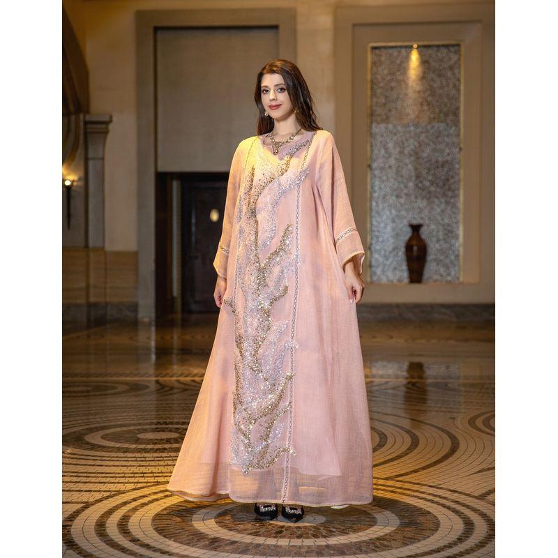 Dubai Arabic Turkish White Mesh Sequin Embroider Gown Dress Saudi Elegant Robe Dress