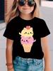 Cute Cat Ice Cream Print Girls Short Sleeve T Shirt Sweet Cartoon Kitten Pattern Toddler Kids Casual Summer Tee Top