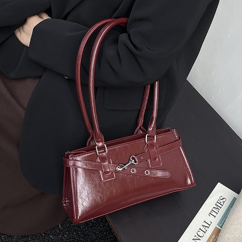 PU Leather Retro Shoulder Bag Large Capacity Boston Pillow Handbag with Metal Belt Buckle Leisure Armpit Bag Commute Handbag