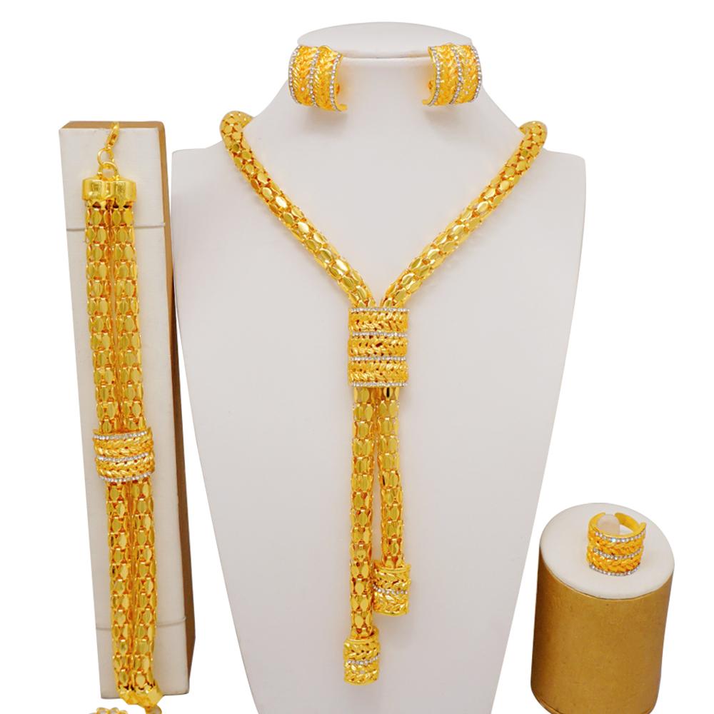 Set de bijuterii de culoare aurie din Dubai indian pentru femei Set de colier lung de mireasă, colier nigerian, bratara, cercei, seturi de inele