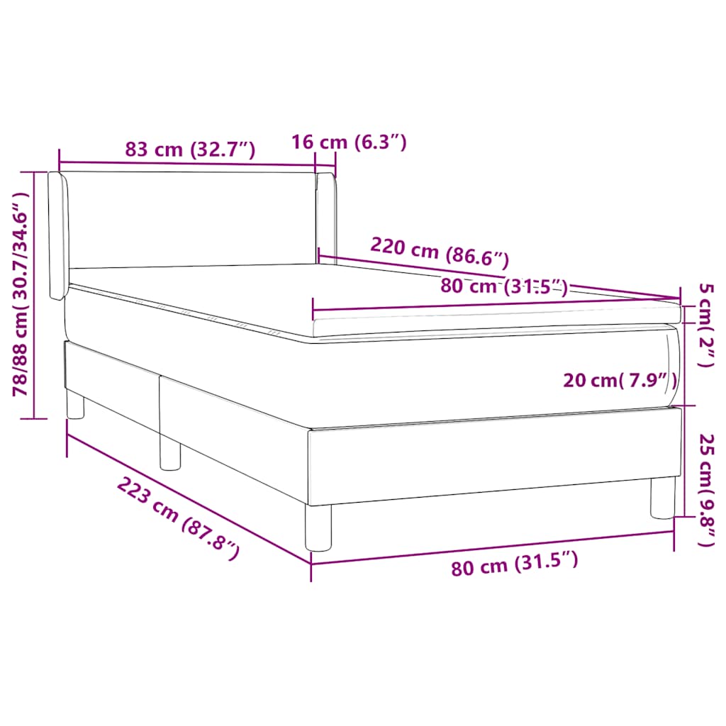 Box Spring Bed with Mattress Light Gray 80 X 220 Cm Velvet