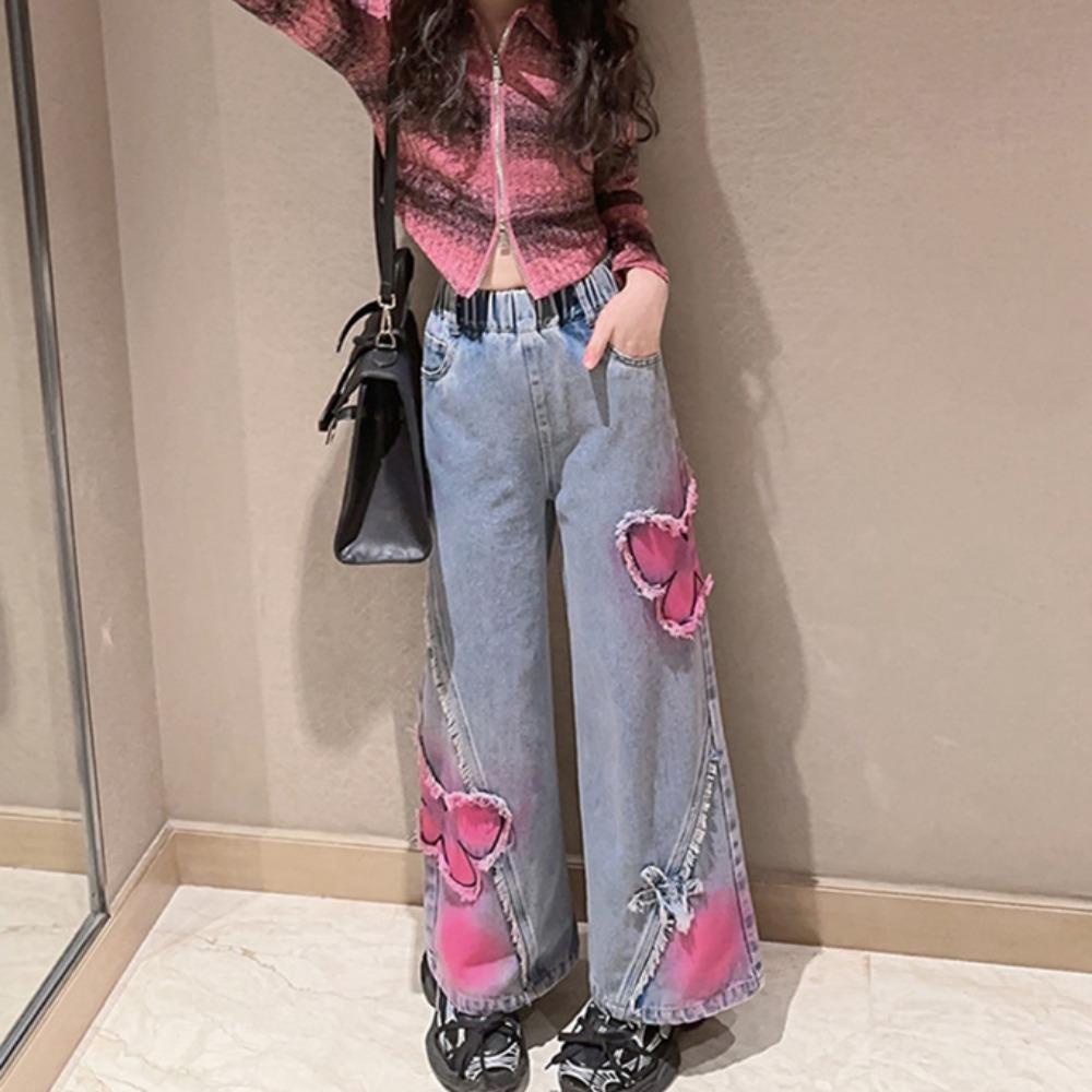 2025 Big Hot Deals Girls Fashion Spray-Painting Butterfly Denim Wide Leg Pants High Waist Korea Style Long Jeans Teens Trousers