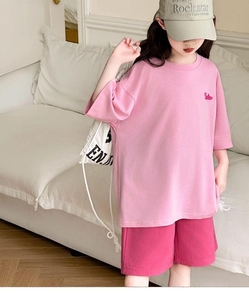 Summer 2026 Girls' Cartoon Print Two-Piece Set: Casual Loose T-Shirt and Shorts