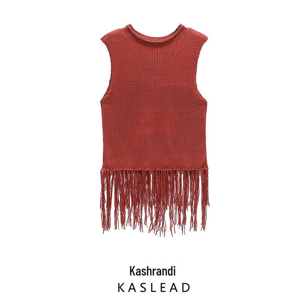 2025 Spring Women's European American Style Tassel Embellished Knitted Top