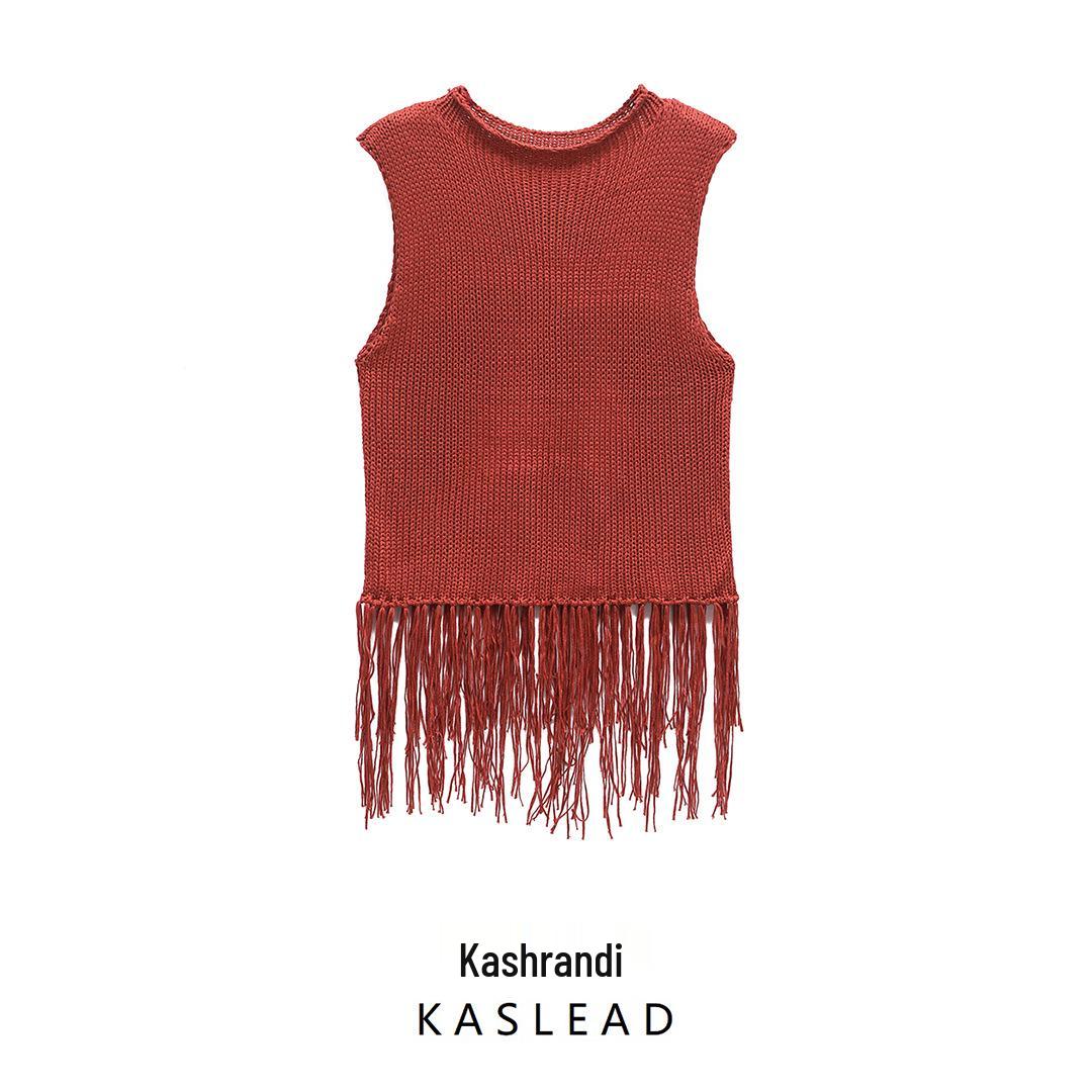 

2025 Spring Women s European American Style Tassel Embellished Knitted Top S червоний