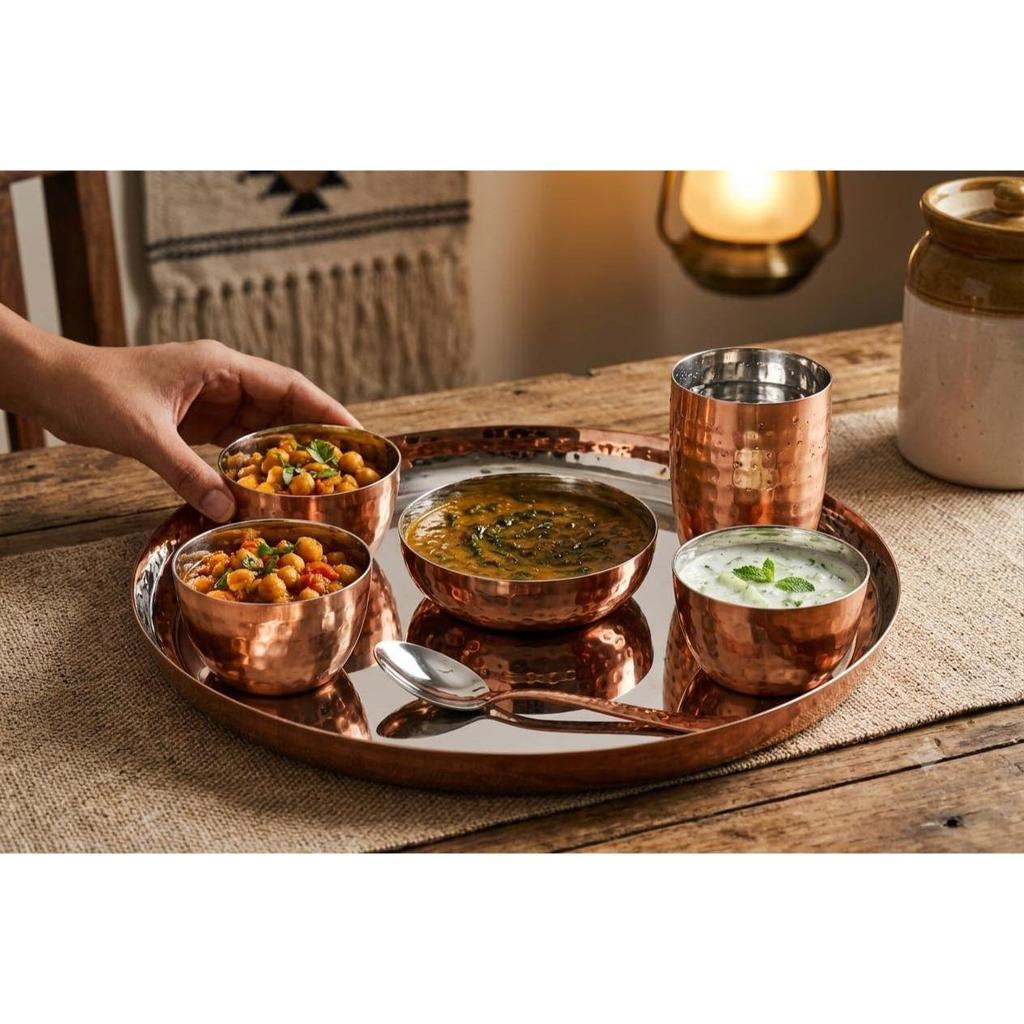 Hammered Stainless Steel Copper Dinner Set of 6, Pure-Copper Plated Dining Set, Durable, Gift for Anniversary