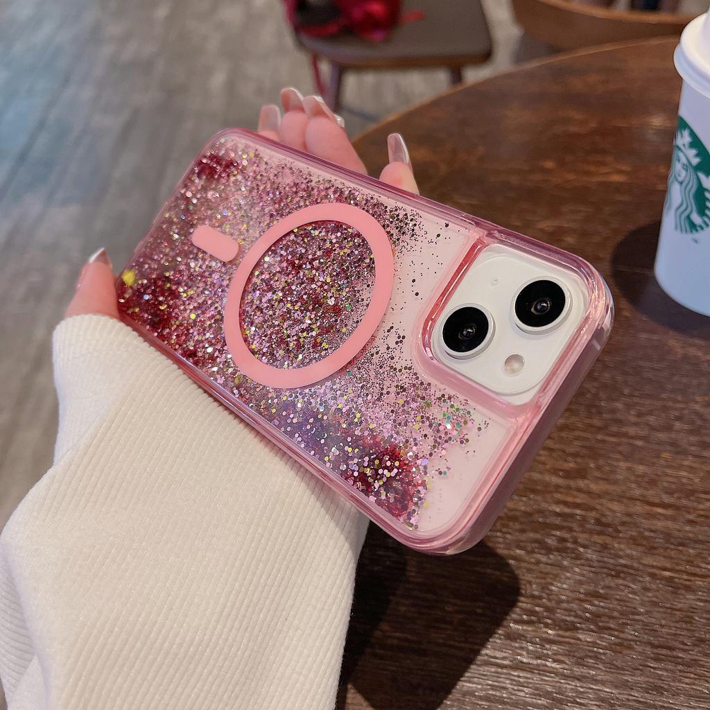Magnetic Quicksand 2-in-1 Mobile Phone Case Is Suitable for Apple iPhone 15p Glitter Color Charging Protective Case 12