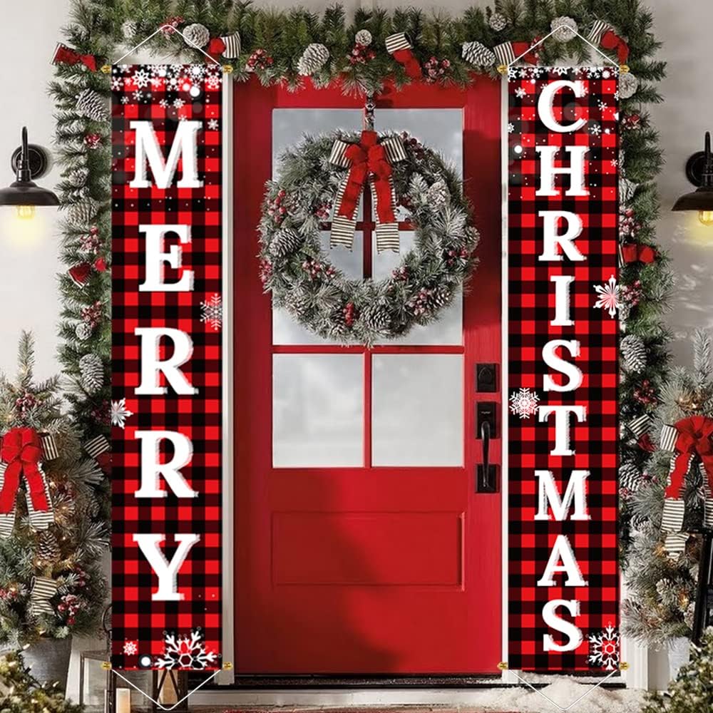 

Christmas Decorations Outdoor Yard Front Porch Sign Set, Red Black Buffalo Plaid Door Banner, Hanging Merry Christmas Decoration
