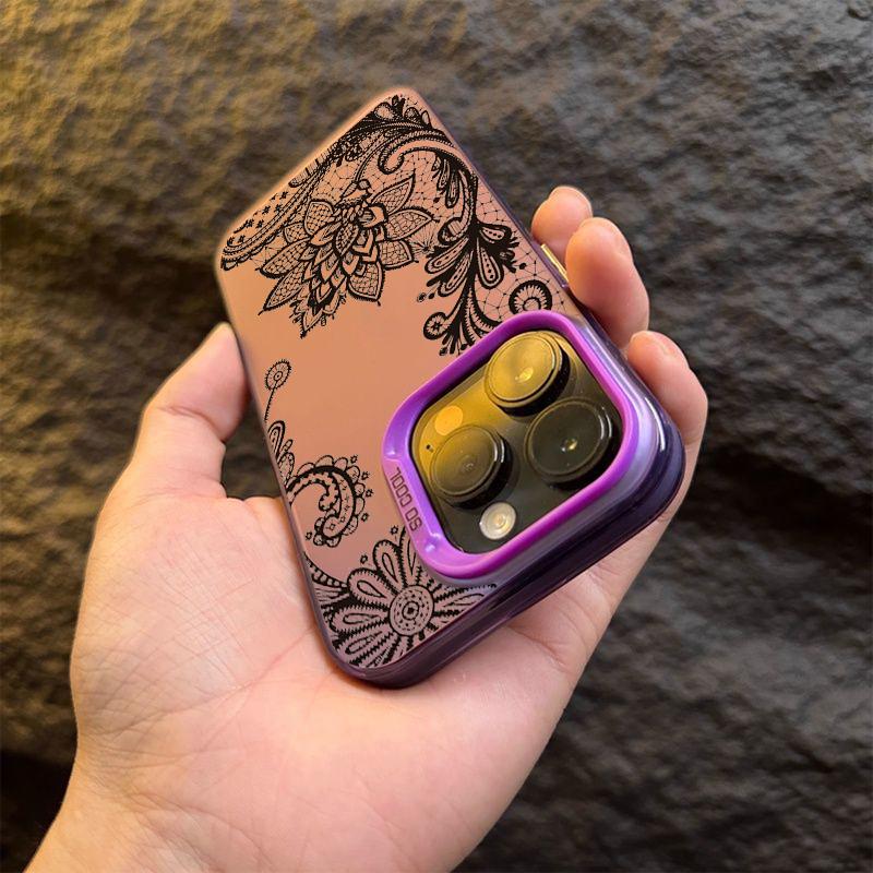 Luxury Lace Florals Pattern Phone Case For iPhone 15 14 13 12 11 16 Pro Max 7 Plus X Shockproof Electroplated Lens Bumper Cover