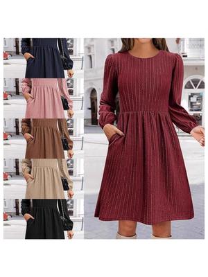 Women's  Fashion Knitwear Long Sleeve A-Line Dress with Pocket
