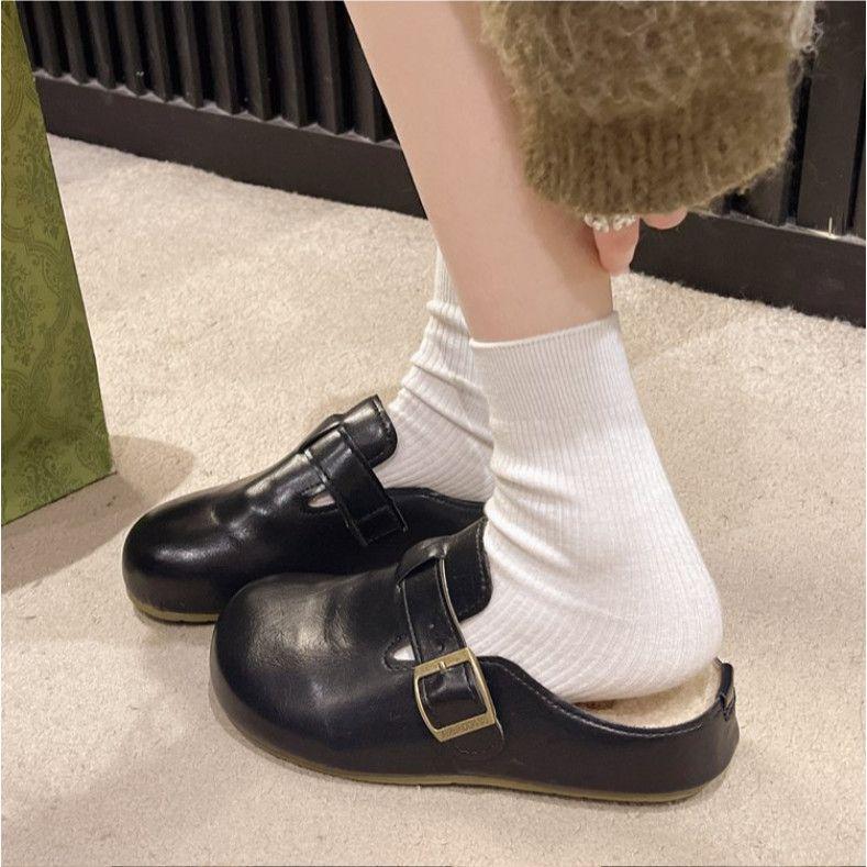 

British style design retro baotou half slippers niche muller shoes cotton shoes fluff 40 чорний