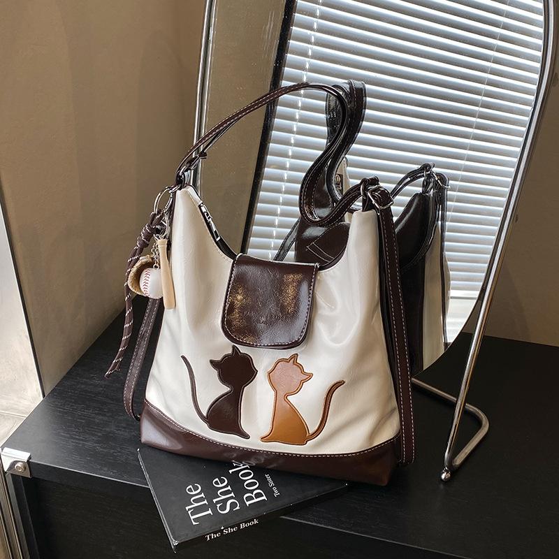 

Fashion versatile double shoulder messenger multi-purpose bag women s casual large capacity high value cute kitten shoulder tote bag single bag