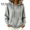 Daily Wear Hoodie Women Knit for Fall Winter, Long Sleeve Pullover Sweater Cozy Autumn Outerwear with Front Pocket, Solid Color Casual Hooded Top