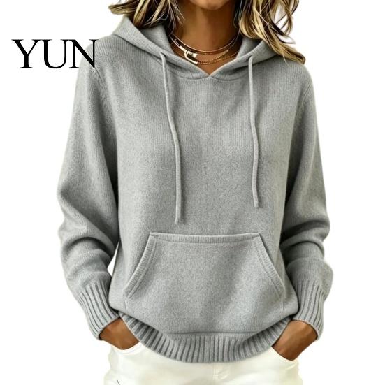 Daily Wear Hoodie Women Knit for Fall Winter, Long Sleeve Pullover Sweater Cozy Autumn Outerwear with Front Pocket, Solid Color Casual Hooded Top