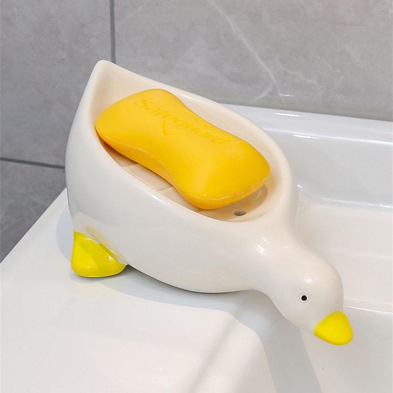 Self-Draining Duck Soap Dish with Drainage Holes Plastic Soap Sponge Holder Non-Slip Soap Tray Saver for Bathroom Kitchen Sink