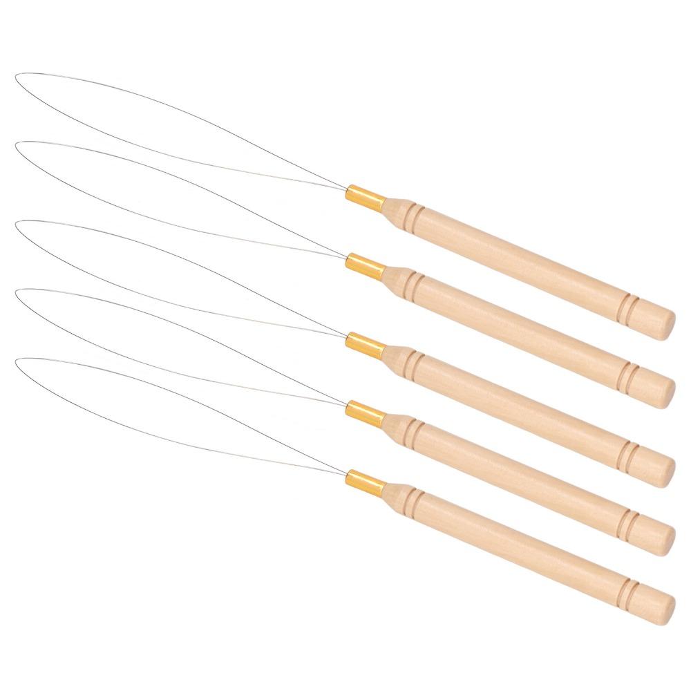 10Pcs Anti-Slip Handle Pulling Hook Tool Beech Wood Handle Micro Ring Threader  For Hair Extensions