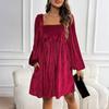 Womens Loose Fit Square Neck Long Sleeve Velvet Babydoll Dresses Dress