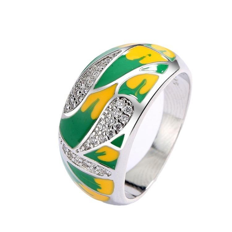 Pastoral Enamel Zircon Ring Women'S Green Mori Elegant Women'S Ring Diamond Ring