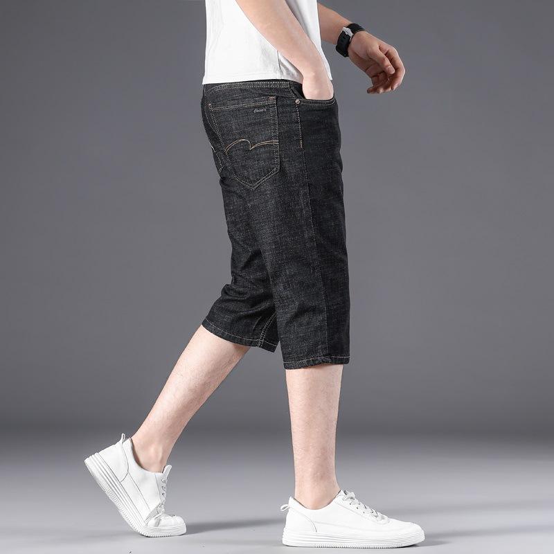 Summer Thin Dark Denim Shorts Men's Cropped Pants Loose Straight 7-point Denim