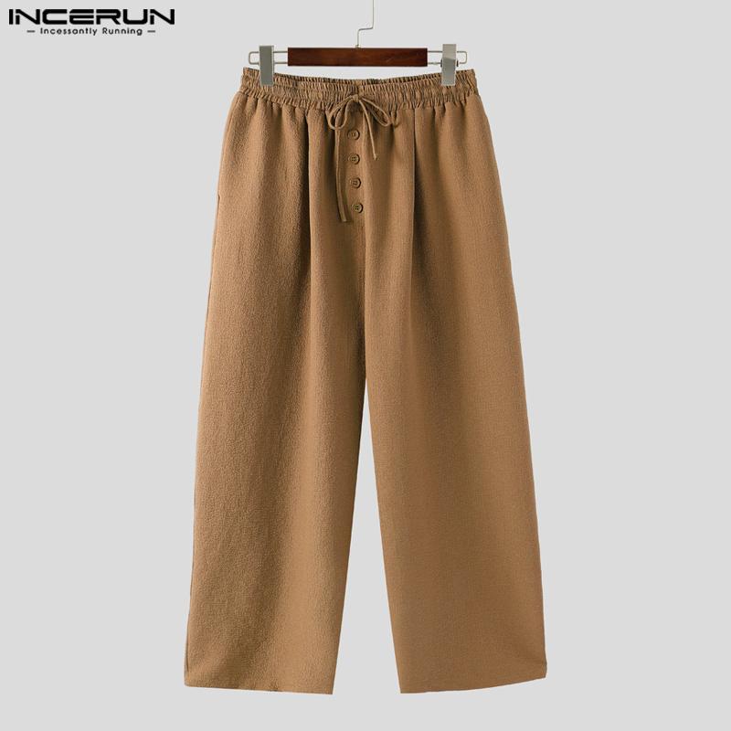 INCERUN Men Drawstring Elastic Waist Solid Texture Casual Long Straight Pants