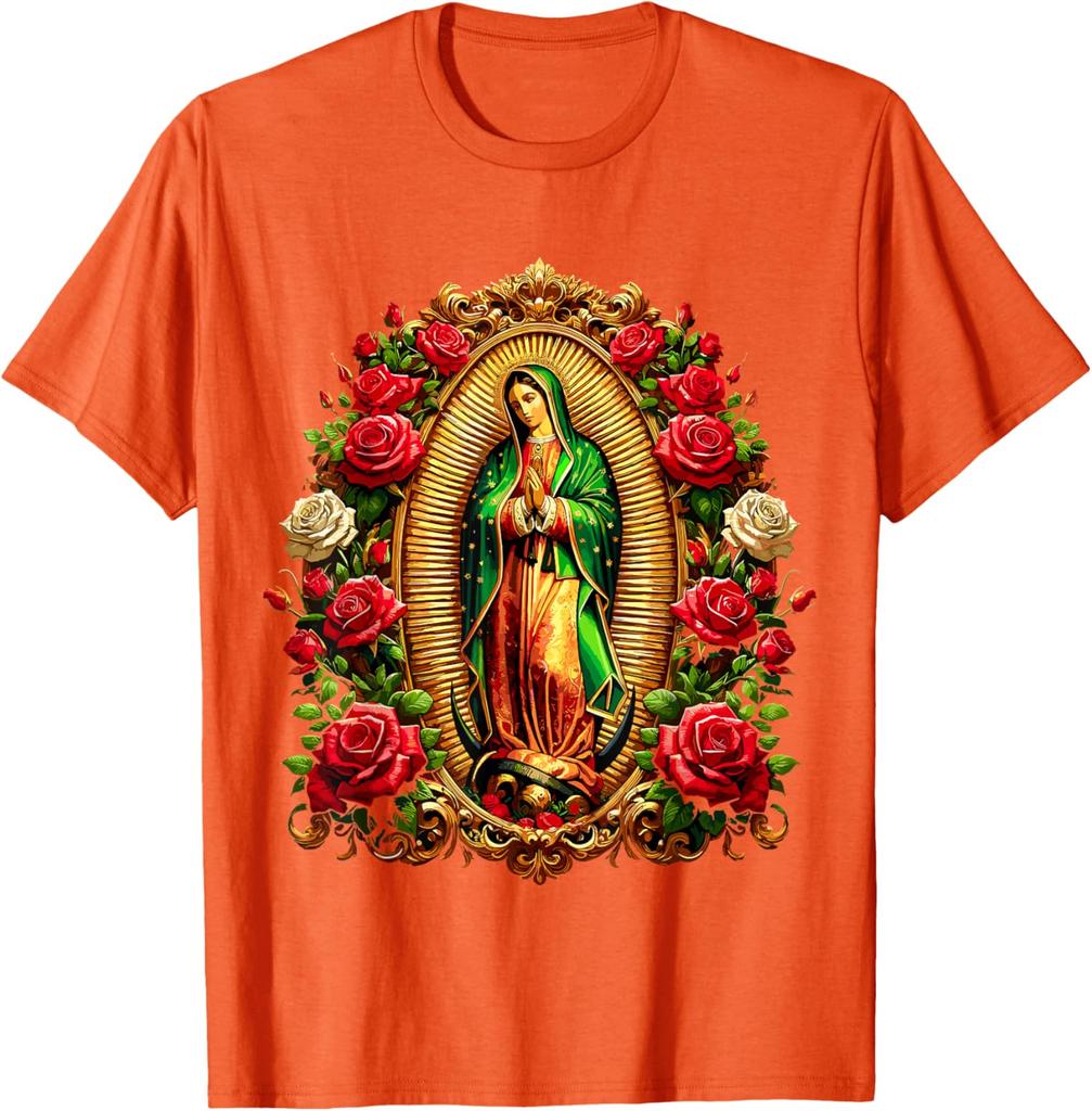 Virgen De Guadalupe Religious Graphic Tee Men Casual Cotton Rose Print T-Shirt