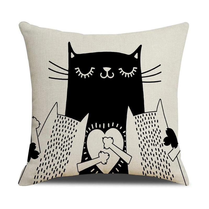 Black And White Cute Cat Printed Cushion Cover Home Decorative Sofa Pillow Covers Coffee Chair Throw Pillow Case Car Pillowcase