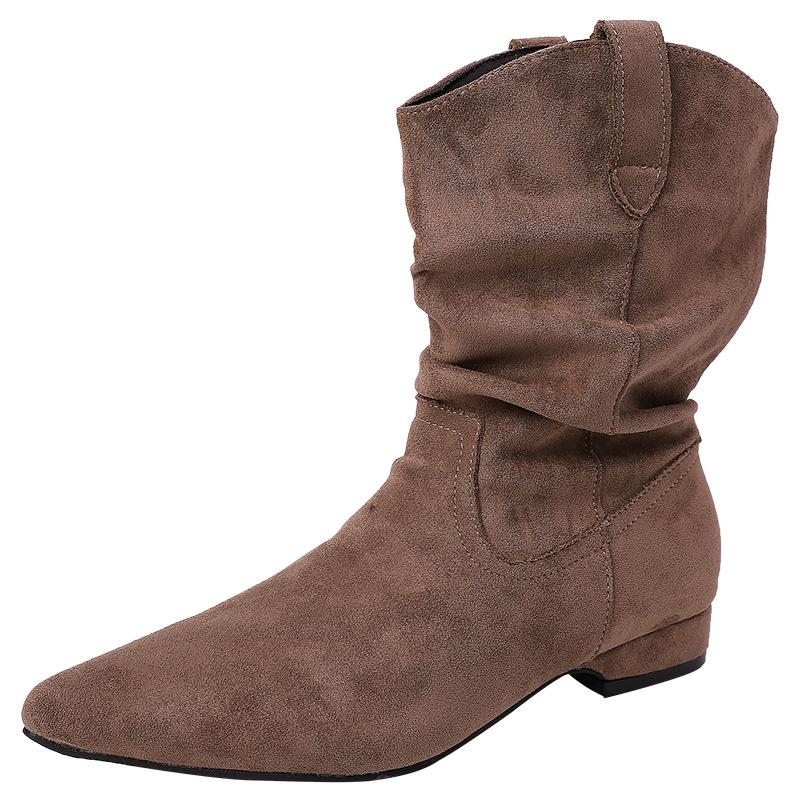 Fashion retro versatile pleated piled boots women's 2025 autumn and winter new matte leather pointed low heel western boots