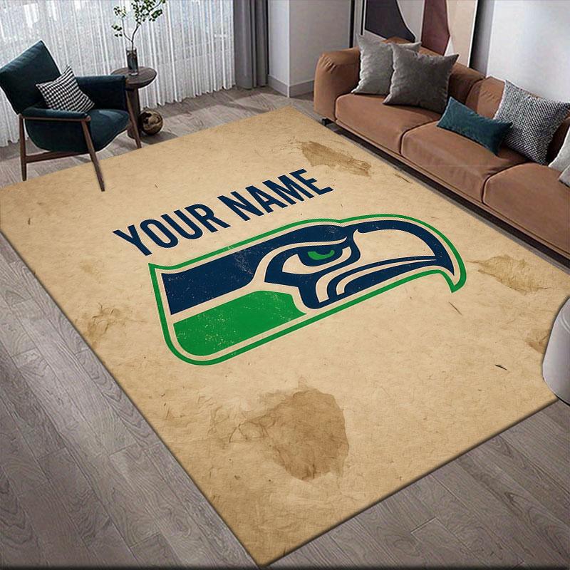 Custom Name,Seattle Seahawks Home Sofa Decoration for Living Room & Bedroom, Non‑Slip Play Flannel Floor Mat for Game Room