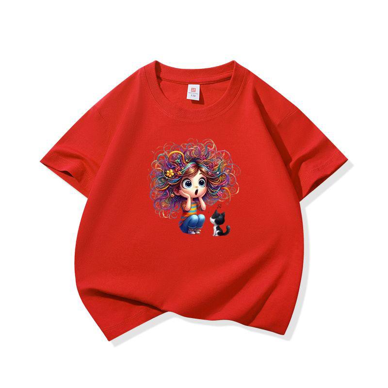 Kids Cotton T Shirt Surprised Colorful Hair Girl And Black Cat Print Crew Neck Short Sleeve Tee Casual Boys Girls Summer Tops