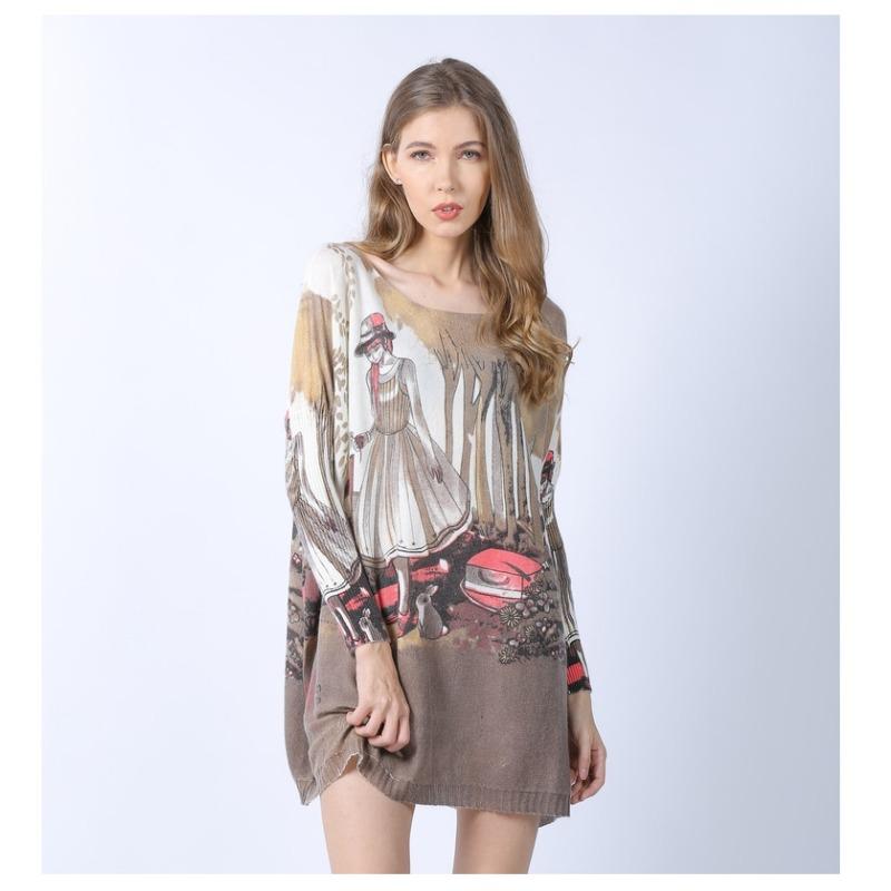 Printed Slash Neck Medium Long Knitwear European Style Loose Oversized Sweater Women's Long Sleeved Knitted Pullover New Fashion Autumn