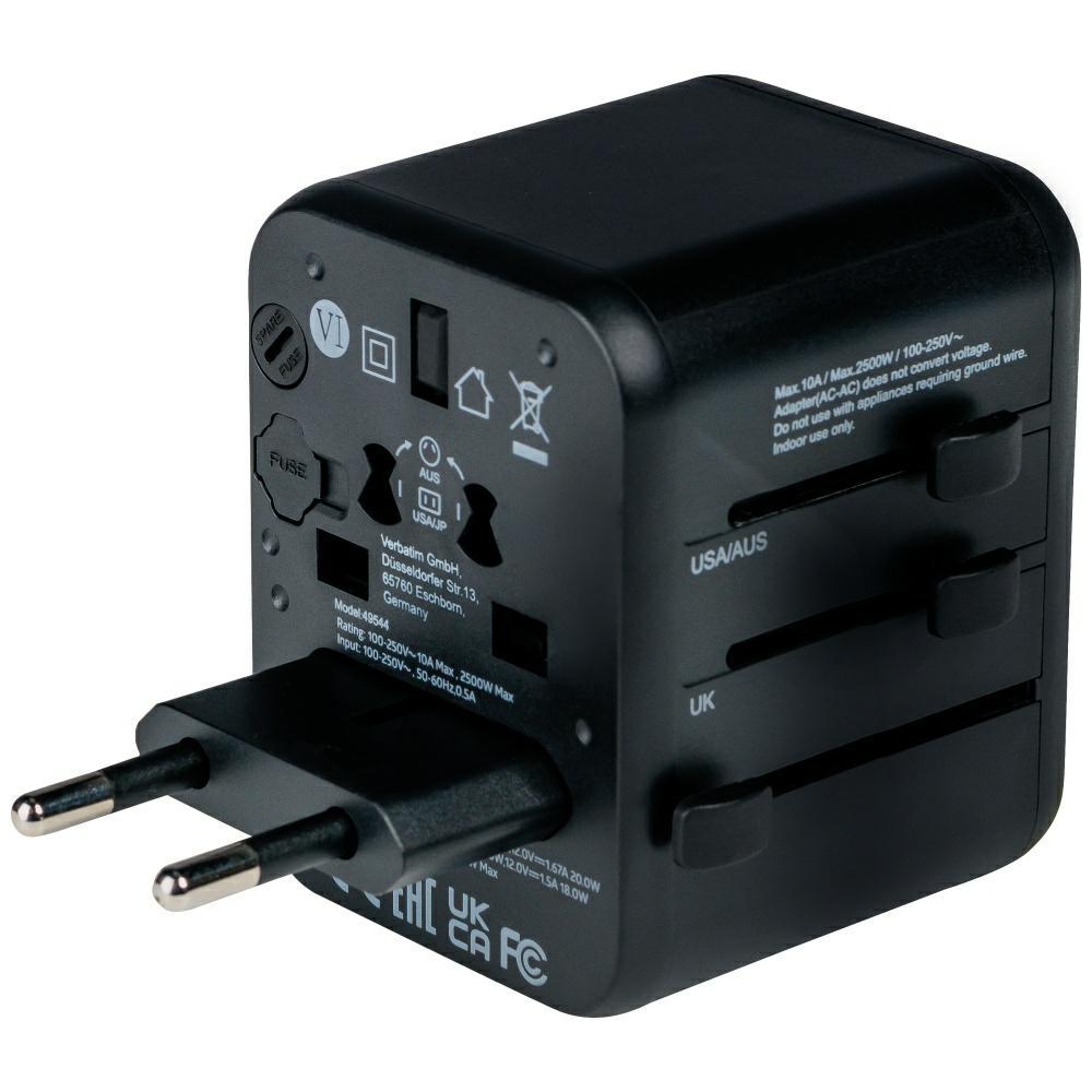 Verbatim Adapter Podróżny Eu/Uk/Us2Xusb-A/Usb-C Pd 20W Uta-02 Czarny/Black 49544