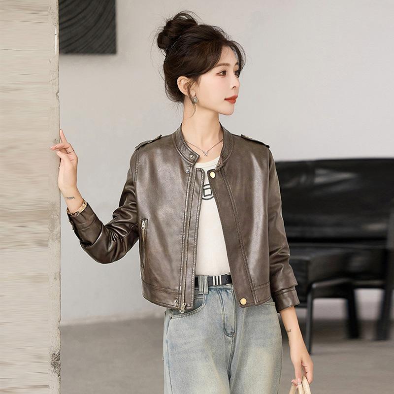 Leather Jacket Women's Short Spring and Autumn New Temperament Thin Stand-up Collar Locomotive Jacket Top