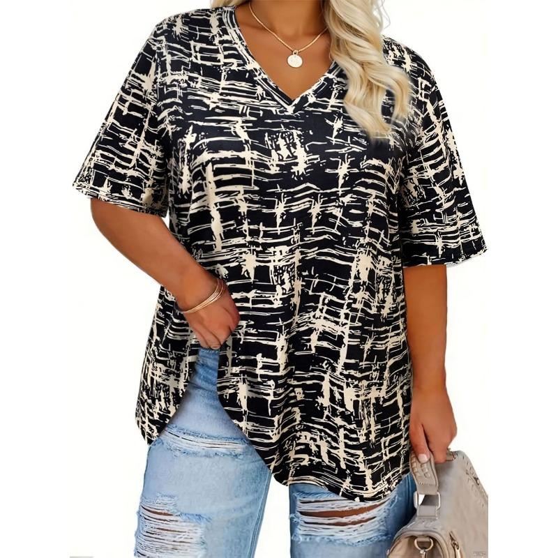 Summer Women's Daily Printed V-neck Short-sleeved T-shirt