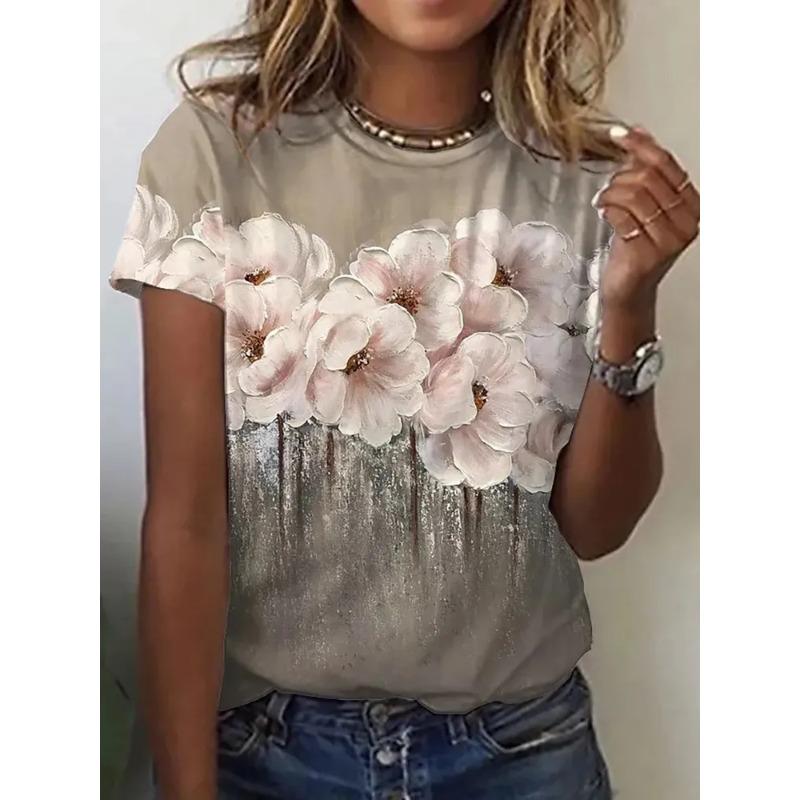 3D Printed Flower Pattern Women s T-shirt Summer Breathable Fashion Casual Versatile XS